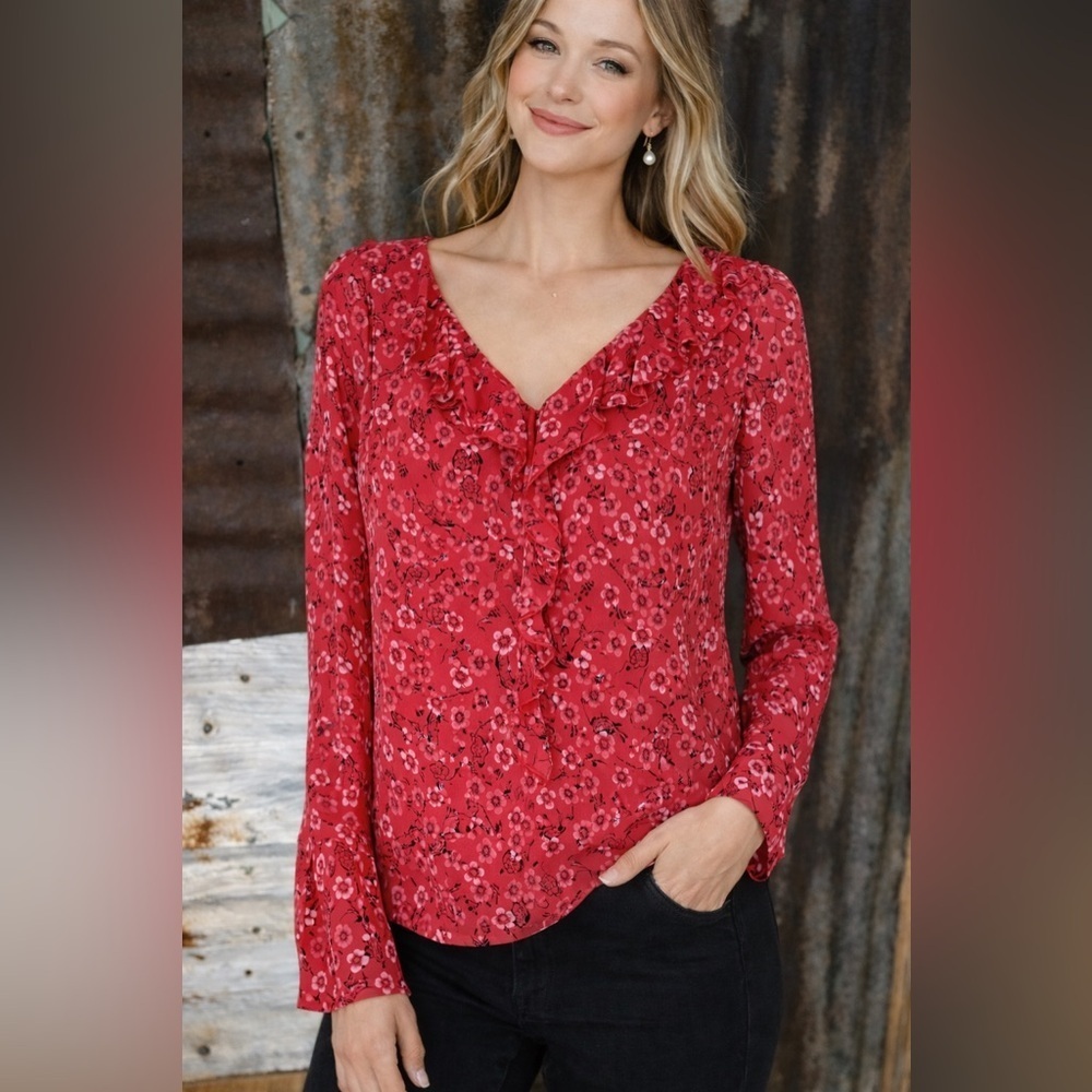 Ann Taylor LOFT Red Floral Silk Ruffle Blouse-Large